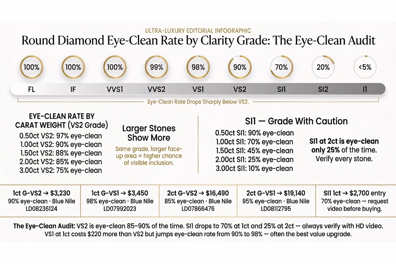 Round diamond eye-clean clarity chart by grade showing eye-clean percentages from FL to I1 on white editorial background