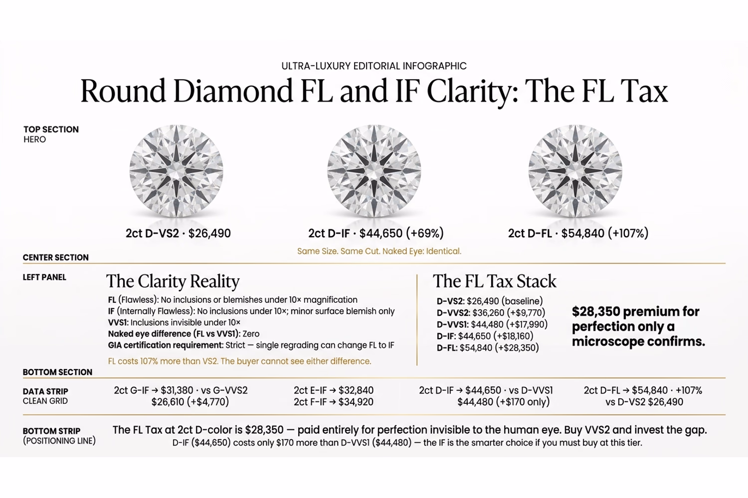 FL and IF round diamond price premium comparison chart showing The FL Tax at 2ct D-color on white editorial background