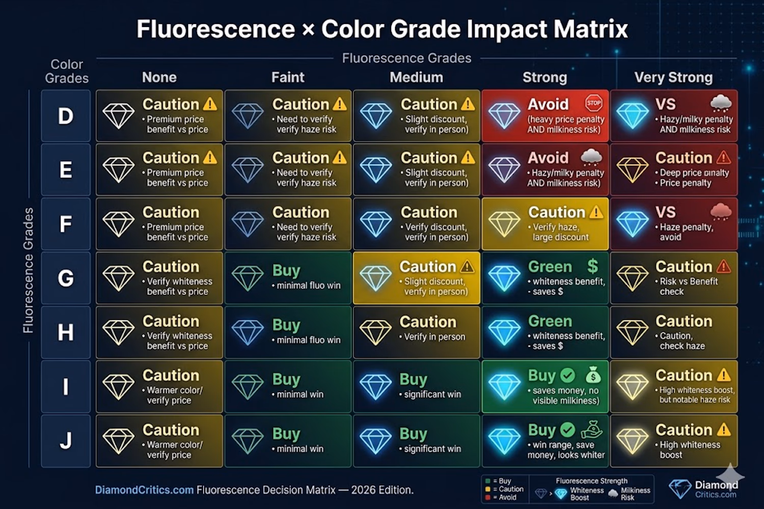 Round diamond fluorescence benefit vs risk matrix — color grade vs fluorescence grade showing when to buy and when to avoid
