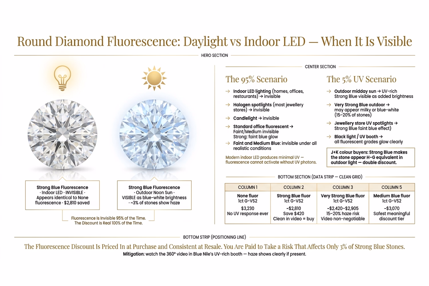 Round diamond fluorescence daylight vs indoor LED comparison showing Strong Blue fluorescence visibility in direct outdoor sunlight versus no visible effect under indoor LED on white editorial background