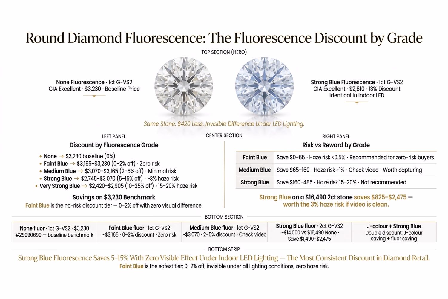 Round diamond fluorescence grade price impact chart showing discount percentages from None through Very Strong Blue with haze risk probability and recommended buyer action on white editorial background