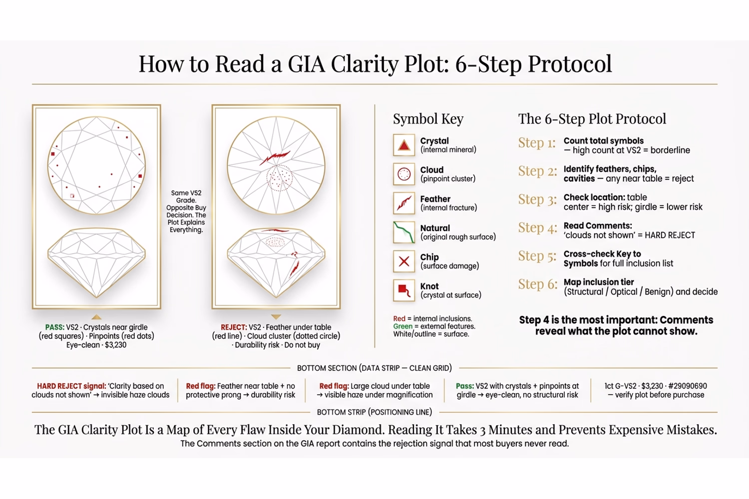 GIA diamond clarity plot diagram guide showing how to read inclusion symbols, what each plotting notation means, and how to interpret the face-up and side-view diagrams on white editorial background