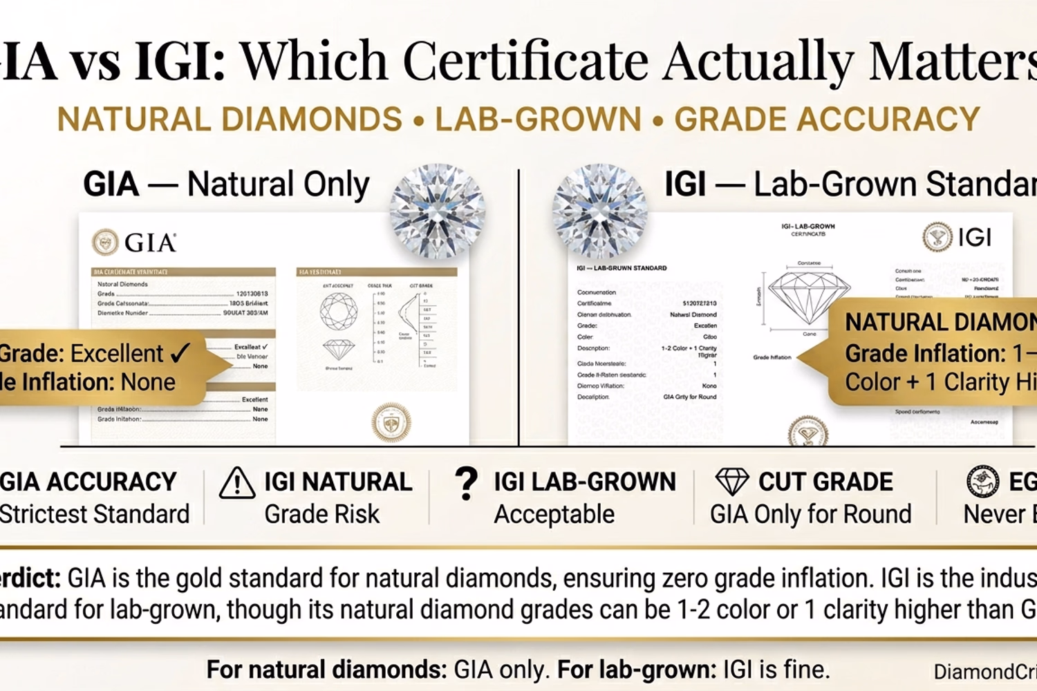 GIA vs IGI diamond certificate comparison — grading strictness, cut grade availability, natural vs lab-grown applicability, real price examples from Blue Nile