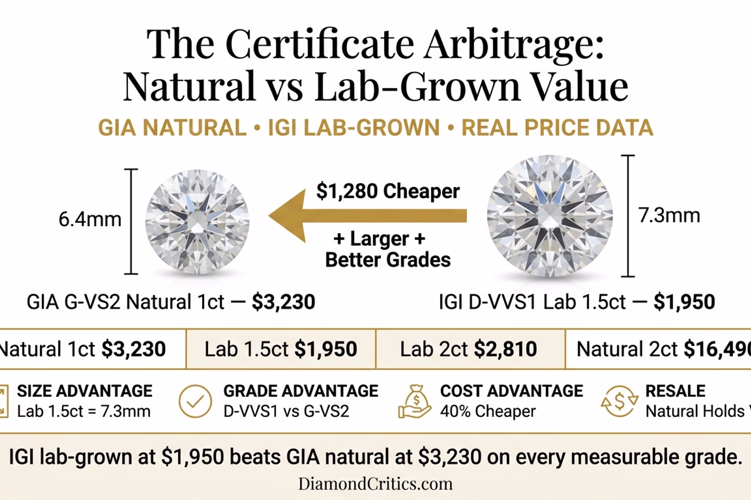 GIA vs IGI price value chart — Certificate Arbitrage: lab-grown IGI D-VVS1 1.5ct at $1,950 vs natural GIA G-VS2 1ct at $3,230, 40% cheaper with better grades