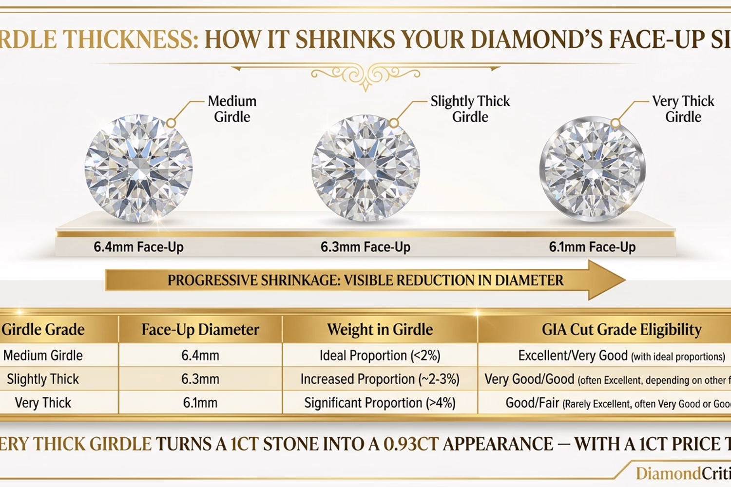 Round diamond girdle thickness comparison — Thin vs Medium vs Slightly Thick vs Very Thick side-by-side showing face-up diameter difference and weight distribution