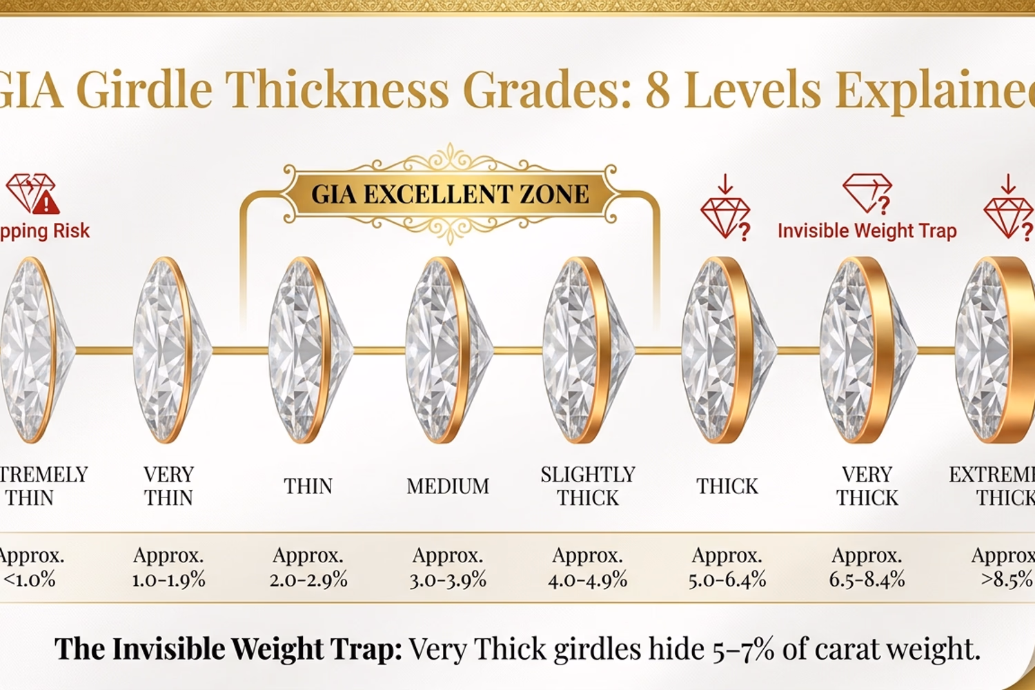 Round diamond girdle thickness diagram — 8 GIA thickness grades from Extremely Thin to Extremely Thick, with depth percentage impact and face-up size comparison