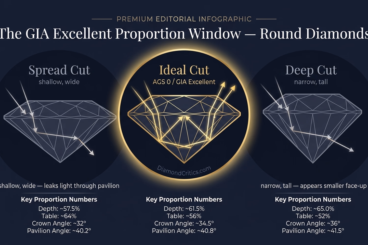 Round diamond ideal proportion window — GIA Excellent range vs ideal subset, showing table depth crown pavilion targets