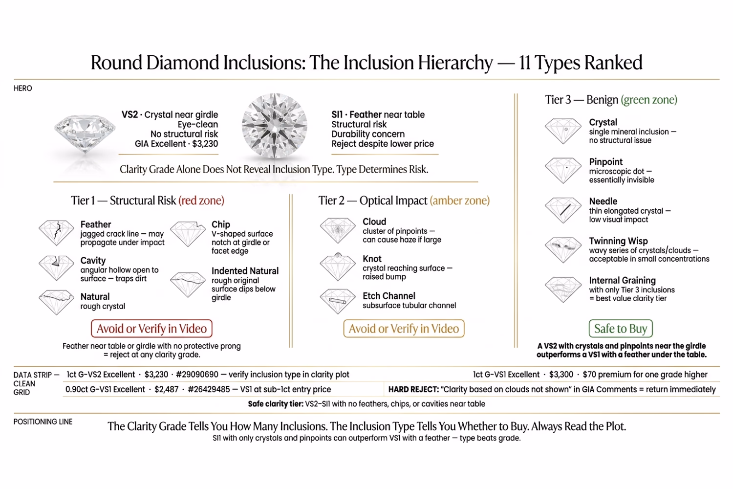 Round diamond inclusion types hierarchy chart showing all 11 GIA-classified inclusion types ranked by structural risk, optical impact, and eye-visibility tier on white editorial background