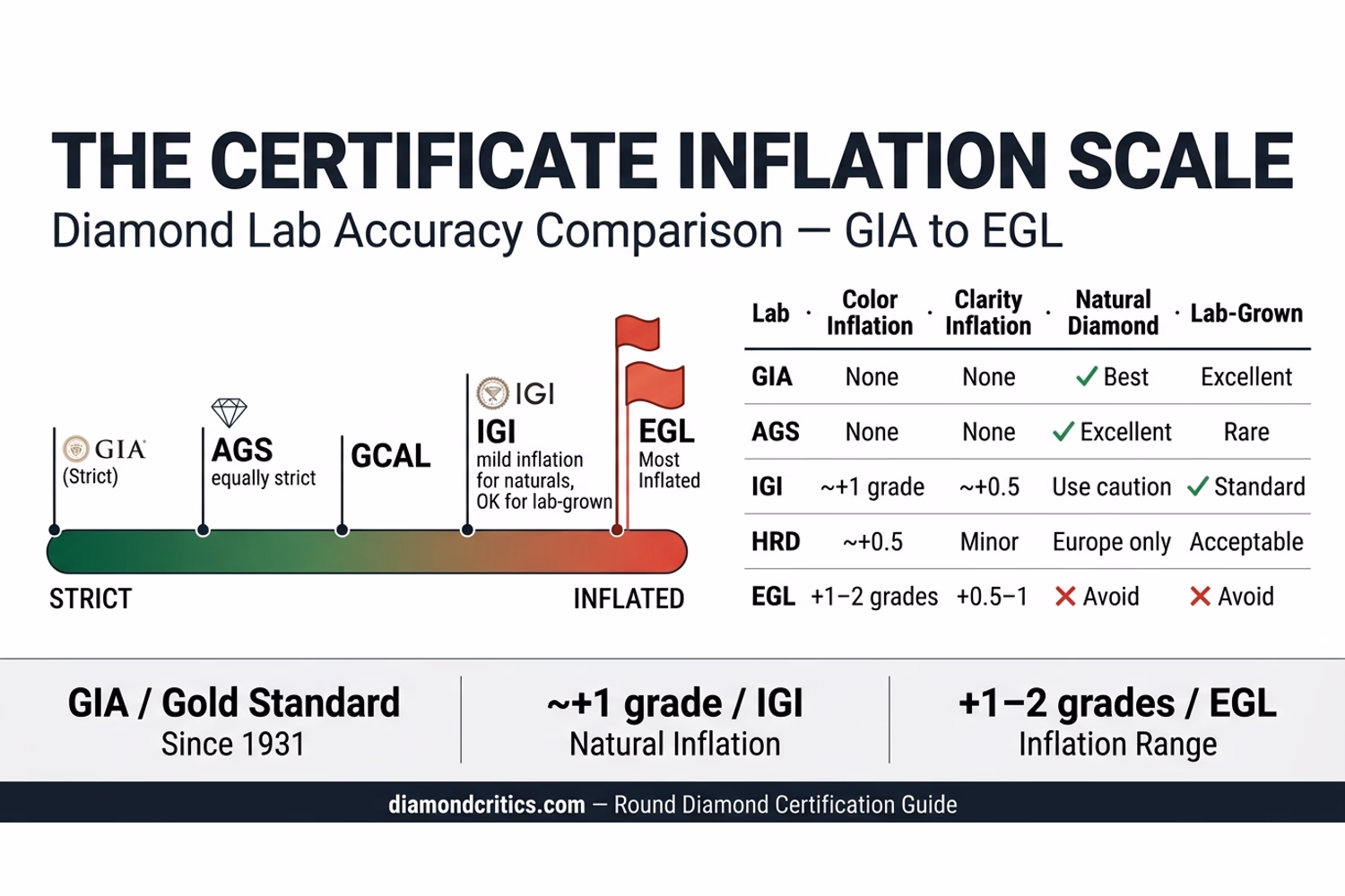 The Certificate Inflation Scale: diamond lab accuracy comparison — GIA, AGS, IGI, EGL, GSI Diamond certification lab comparison chart showing GIA, AGS, IGI, EGL, and GSI accuracy levels and documented grade inflation on a scale from Strict to Inflated