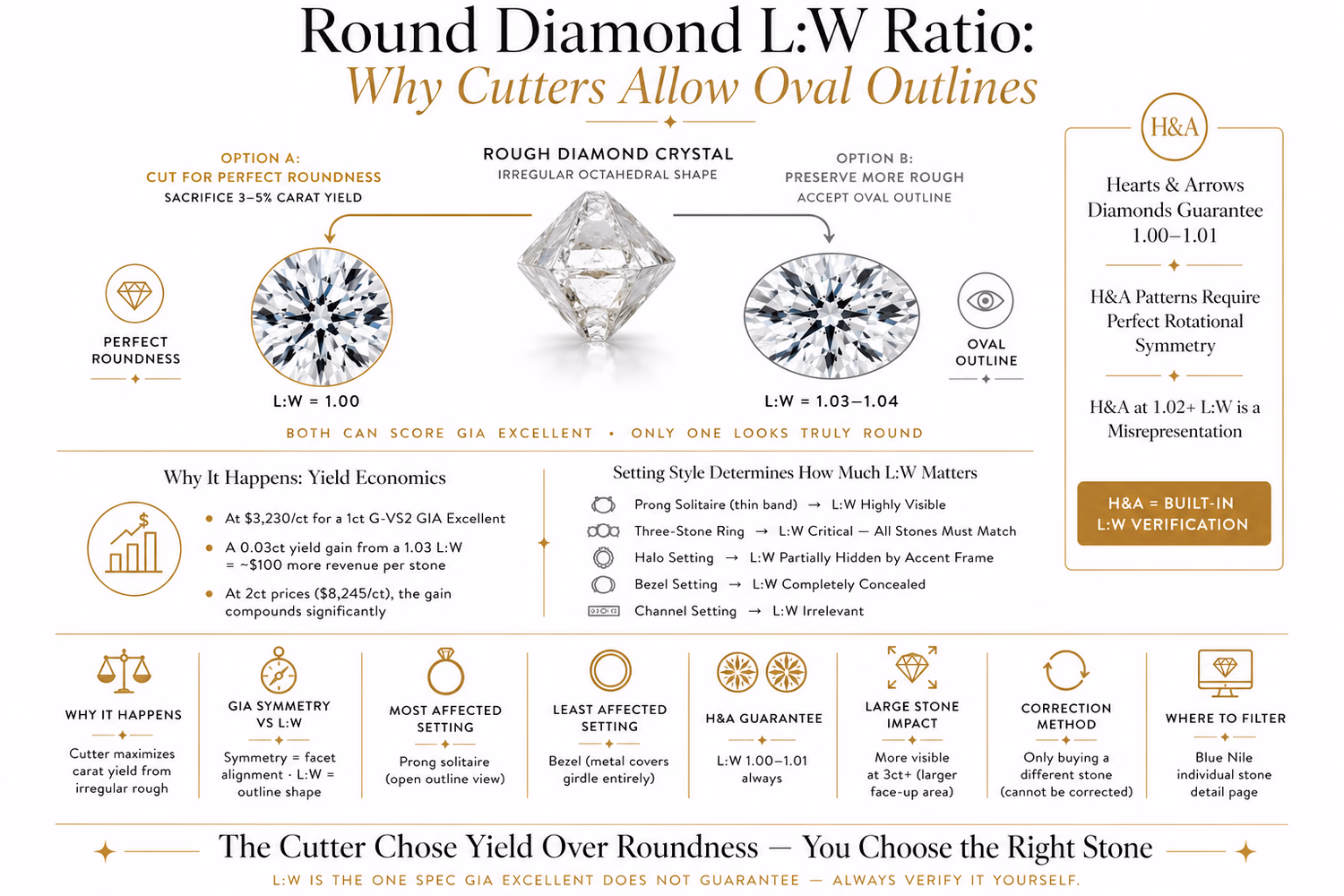 round diamond top view showing symmetrical light return pattern on perfect 1.00 L:W ratio stone versus slightly asymmetric pattern on 1.04 L:W stone