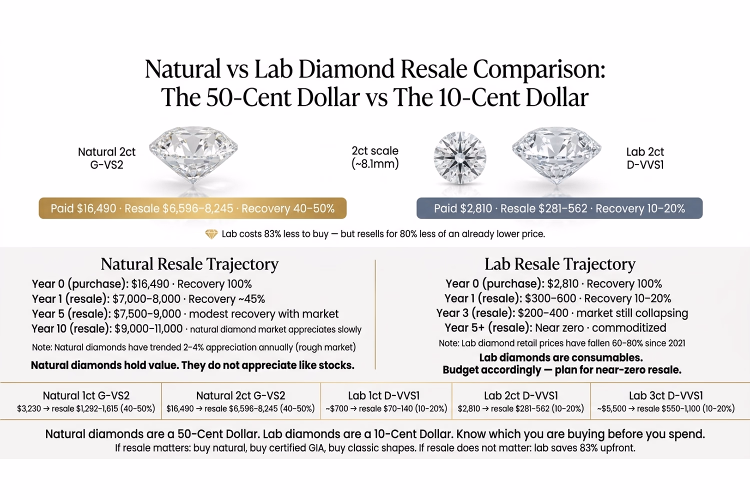 Natural vs lab-grown round diamond resale comparison infographic showing 50-cent dollar vs 10-cent dollar on white editorial background