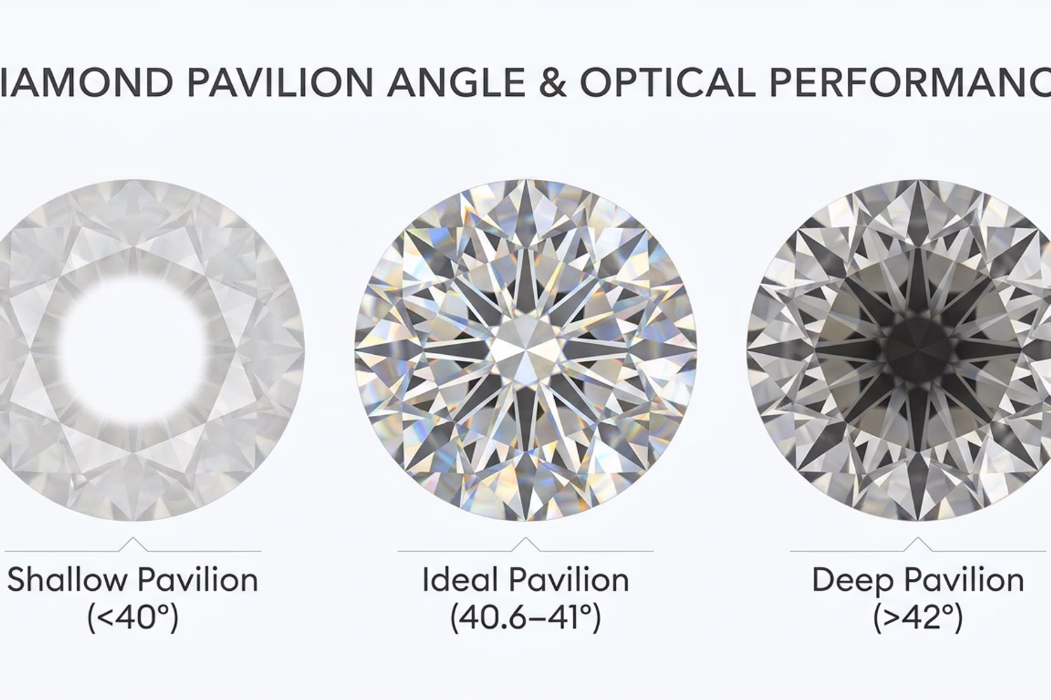 Round diamond pavilion angle light return comparison — 39° shallow leakage vs 40.8° optimal return gate vs 42.5° steep leakage with directional light ray diagrams