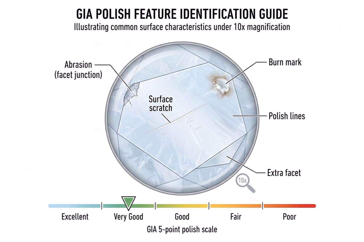 Round diamond polish features under 10x magnification — abrasion, scratch, and polish lines with GIA grading scale from Excellent to Poor