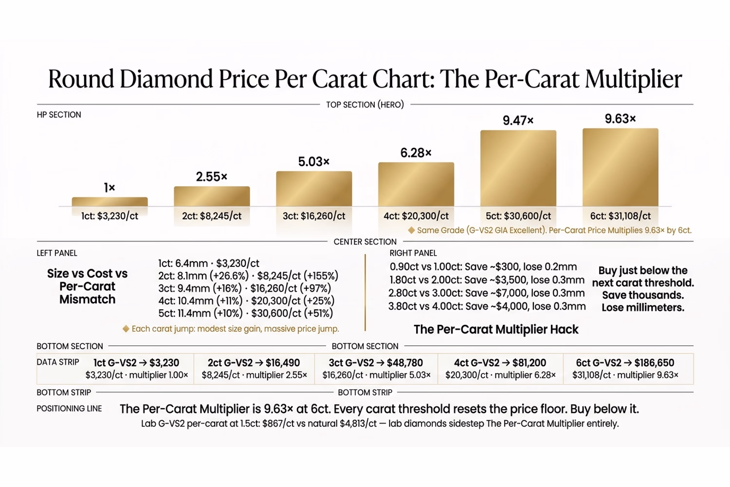 Round diamond price per carat multiplier chart from 1ct to 6ct G-VS2 Blue Nile data on white editorial background