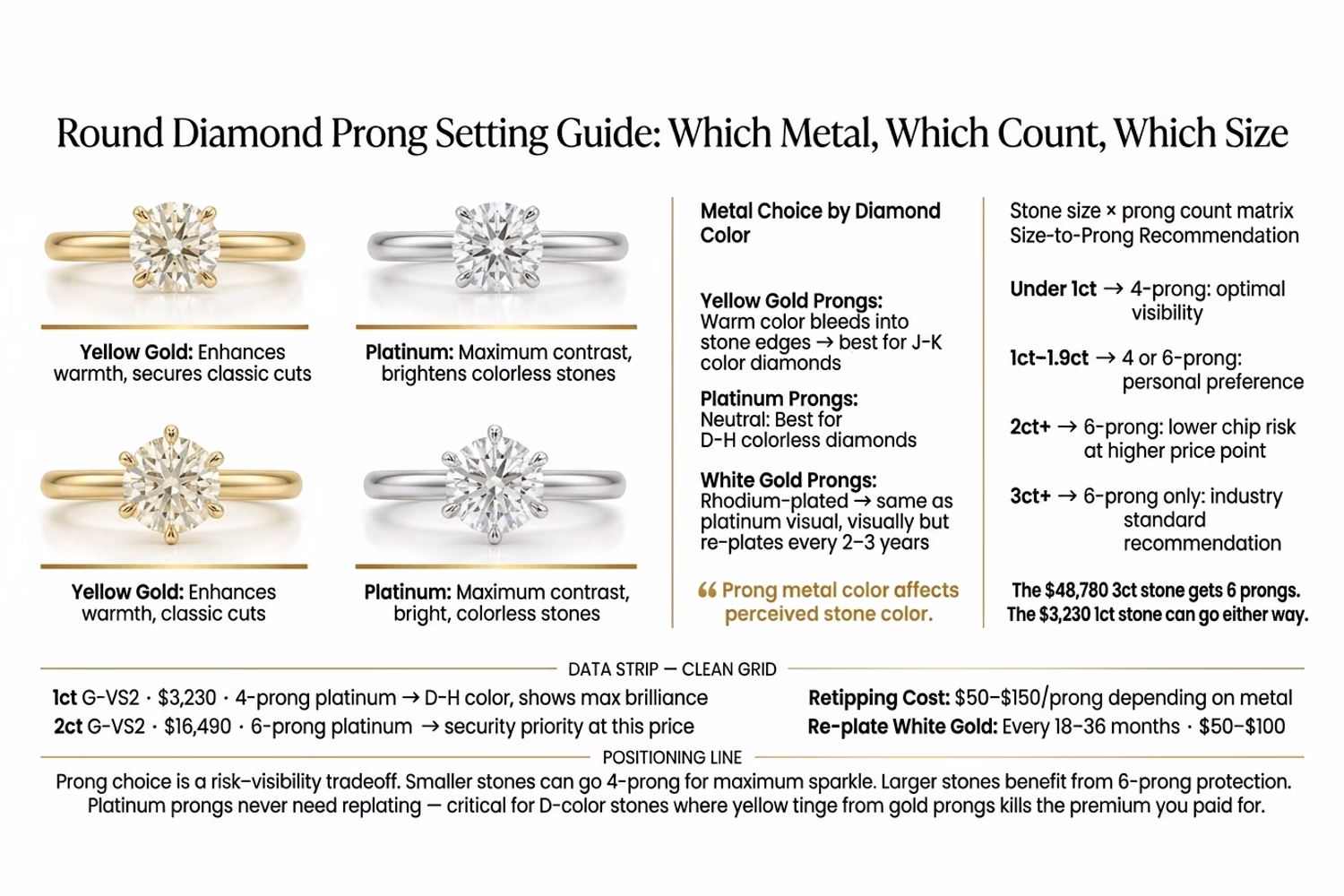 Round Diamond Prong Count Guide by Carat Weight and Lifestyle Round diamond prong math chart showing coverage percentage, security rating, and recommended carat weight for 4-prong and 6-prong settings