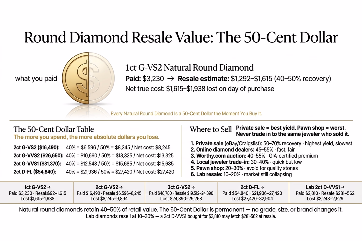 Round diamond resale value by venue comparison chart showing recovery percentages on white editorial background