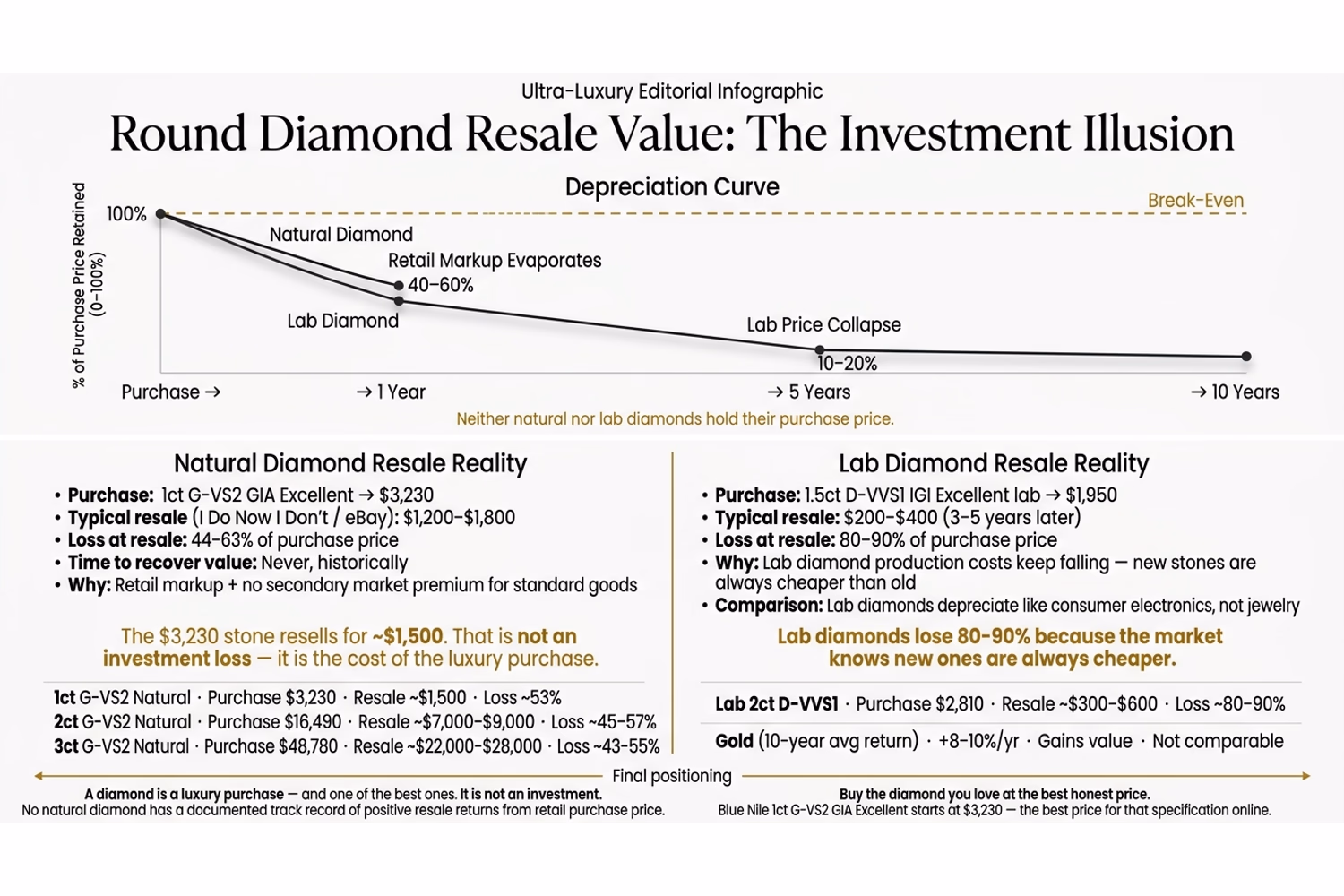 Round Diamond Resale Value vs Purchase Price: The Real Depreciation Data Round diamond resale value vs purchase price chart showing 50-60% depreciation at 1ct 2ct and 3ct across estate dealer and private sale channels