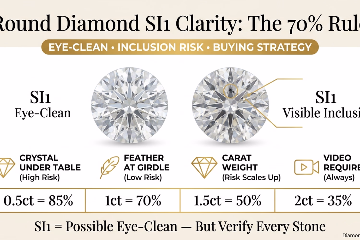 Round diamond SI1 clarity eye-clean guide — inclusion types that pass vs fail the face-up test at 1ct, with price comparison to VS2