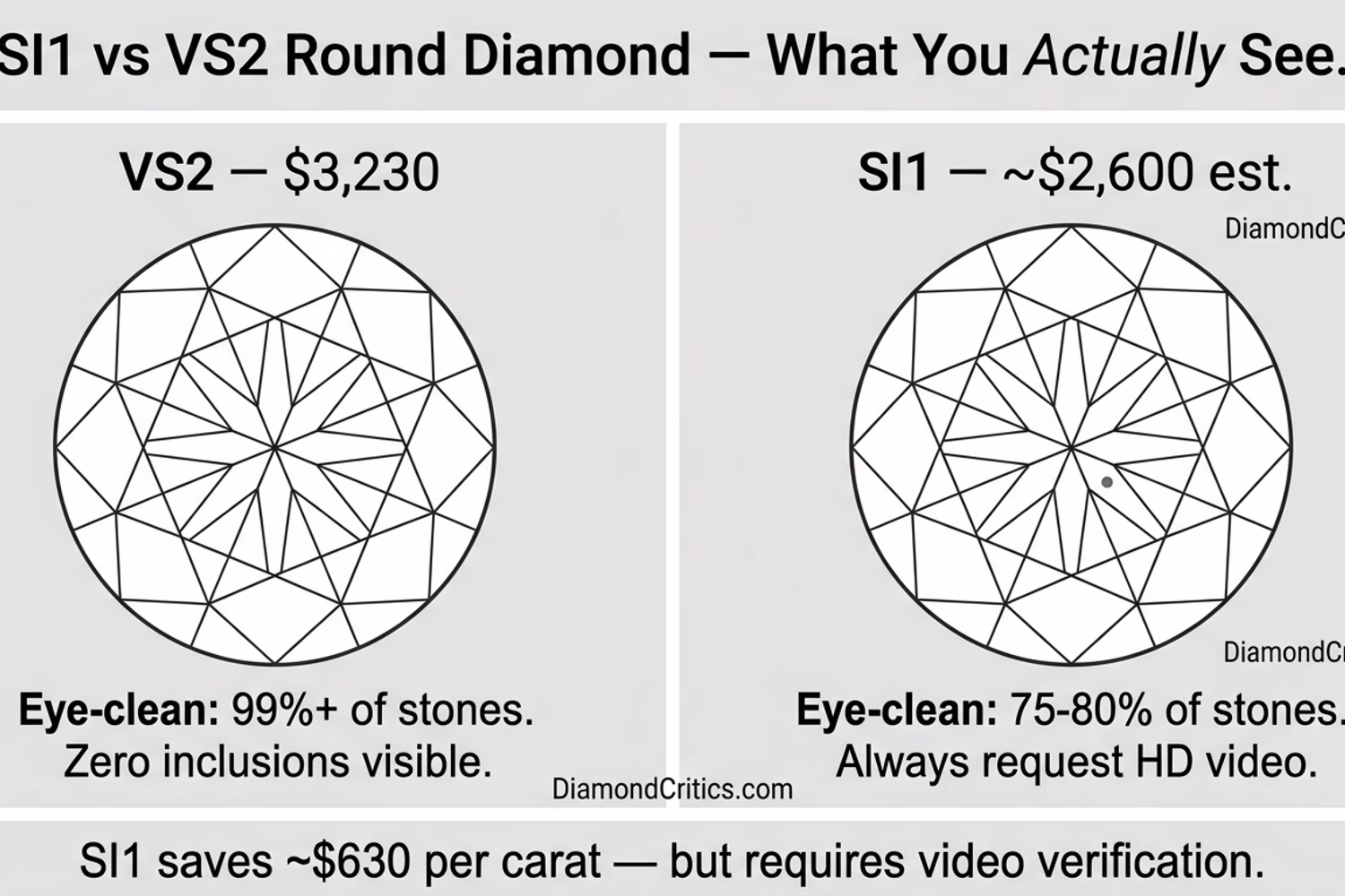 Round diamond SI1 vs VS2 face-up comparison in 1ct round brilliant — eye-clean test under room lighting