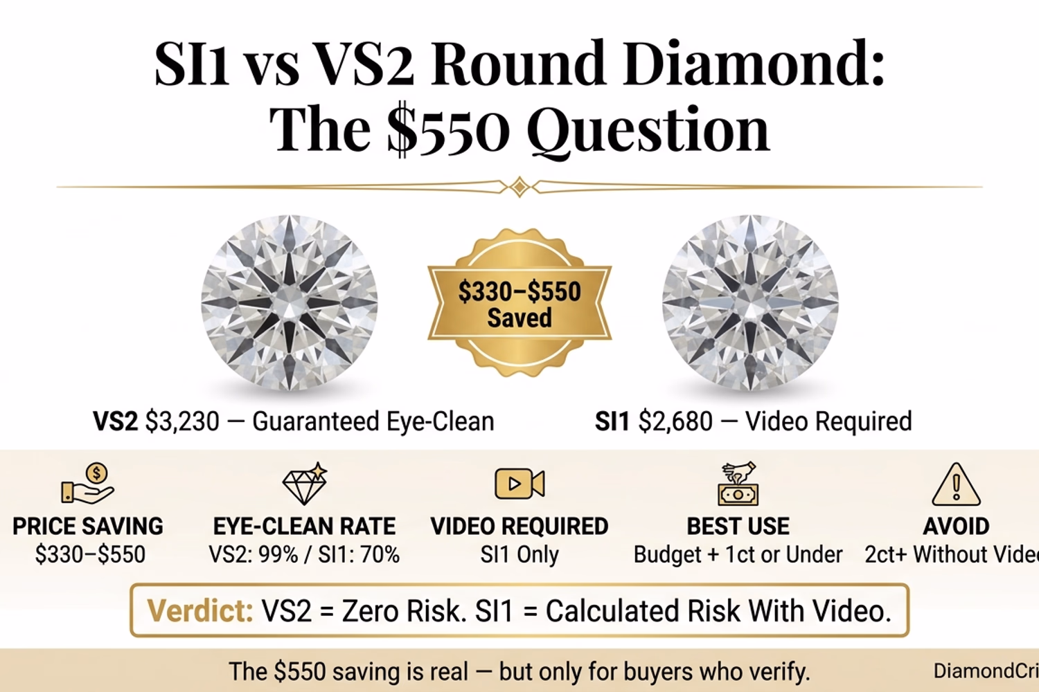 Round diamond SI1 vs VS2 price comparison — $330–$550 saving at 1ct with eye-clean rate 70% for SI1 vs 99% for VS2, Blue Nile price data