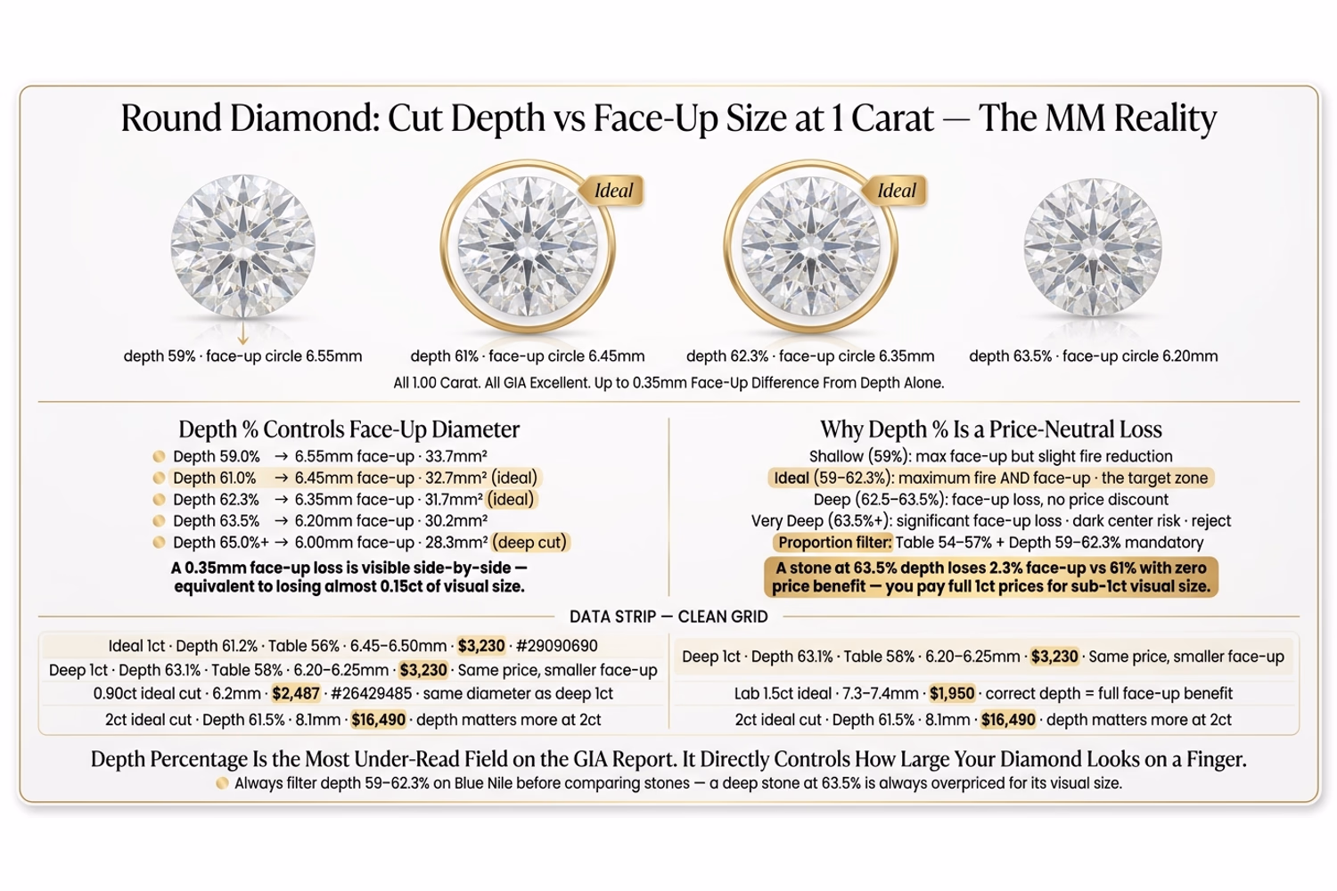 Round diamond size versus cut depth comparison chart showing how depth percentage from 59 to 63.5 percent affects face-up diameter at the same carat weight on white editorial background