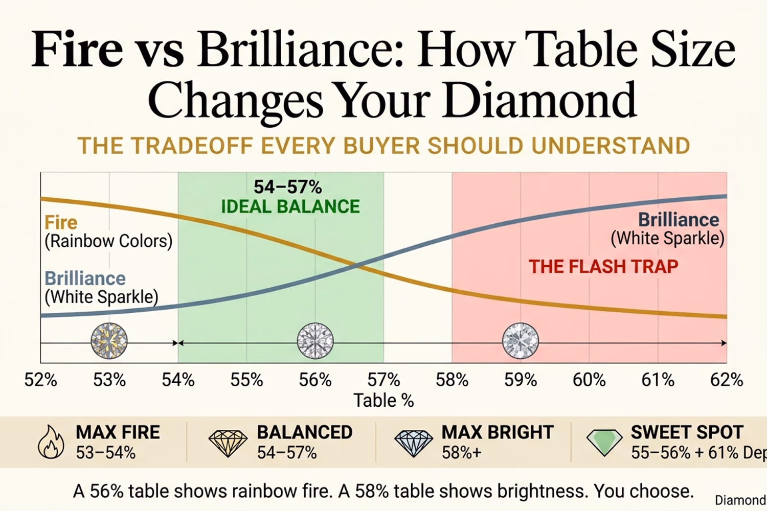 Round diamond table percentage optimal range infographic — 54-57% target with fire and brilliance tradeoff diagram and GIA Excellent boundaries