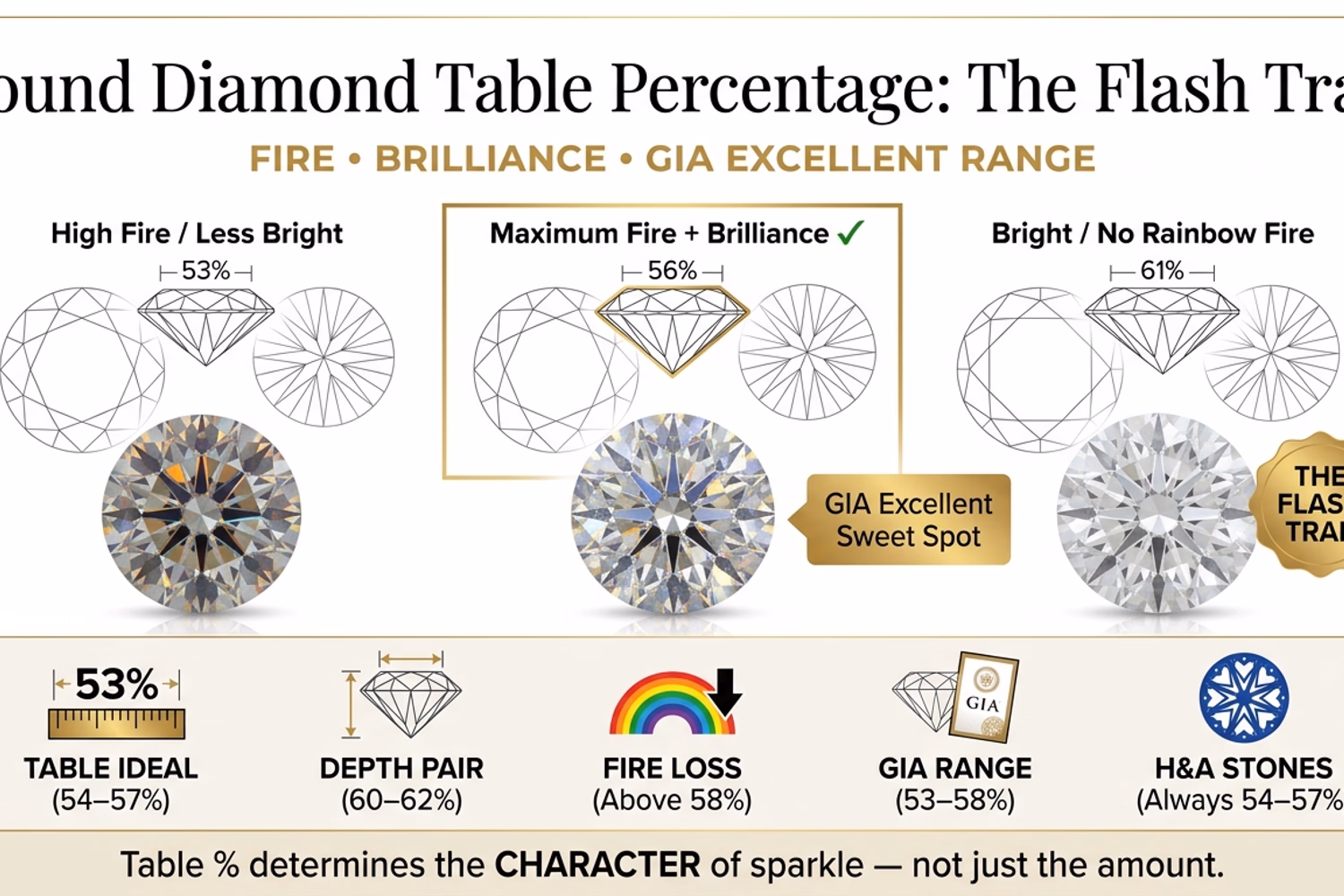 Round diamond table percentage guide — 53% narrow vs 56% ideal vs 61% large table showing fire vs brilliance tradeoff in GIA Excellent range