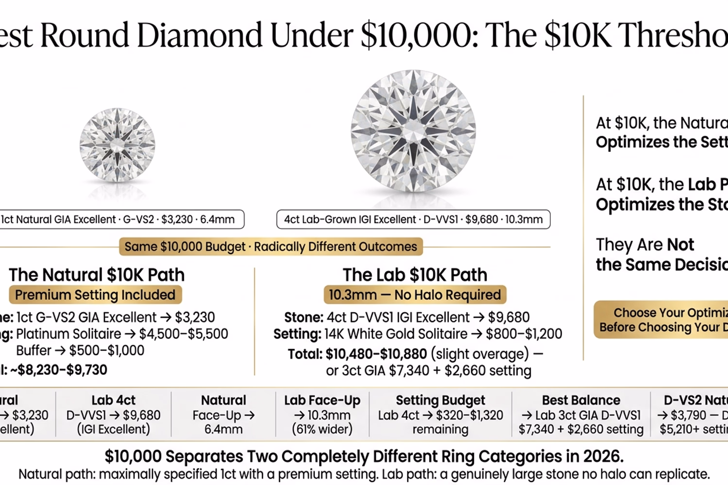 round diamond under $10000 buying guide showing 1ct natural GIA versus 4ct lab-grown comparison on white editorial background