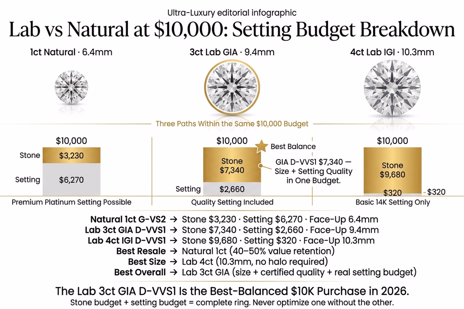 round diamond under $10000 lab vs natural comparison showing 3ct lab size versus 1ct natural with setting budget breakdown on white editorial background
