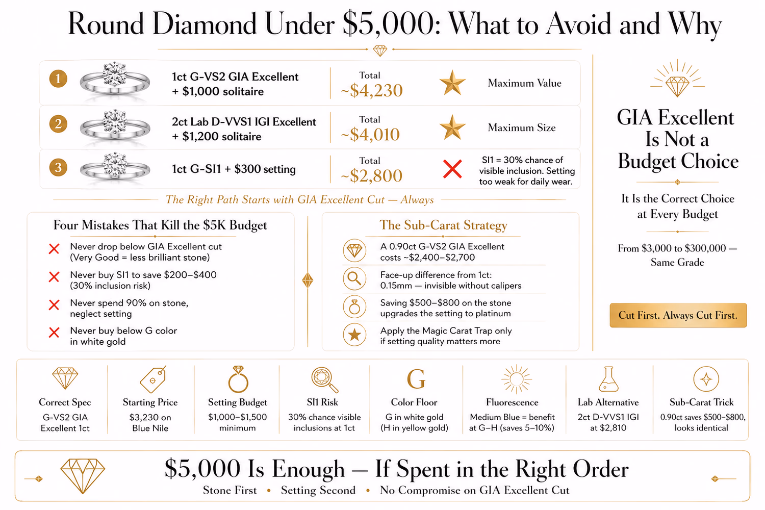 round diamond comparison chart showing 1ct natural GIA versus 2ct lab-grown IGI side by side on white editorial background with size and price data