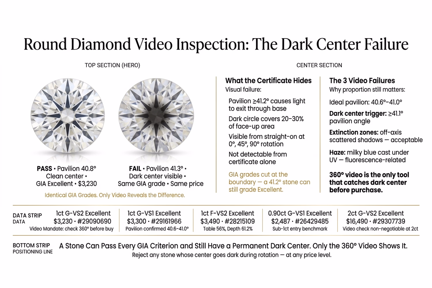 Round diamond 360-degree video inspection guide showing how to identify dark centers, extinction zones, and haze in video on white editorial background