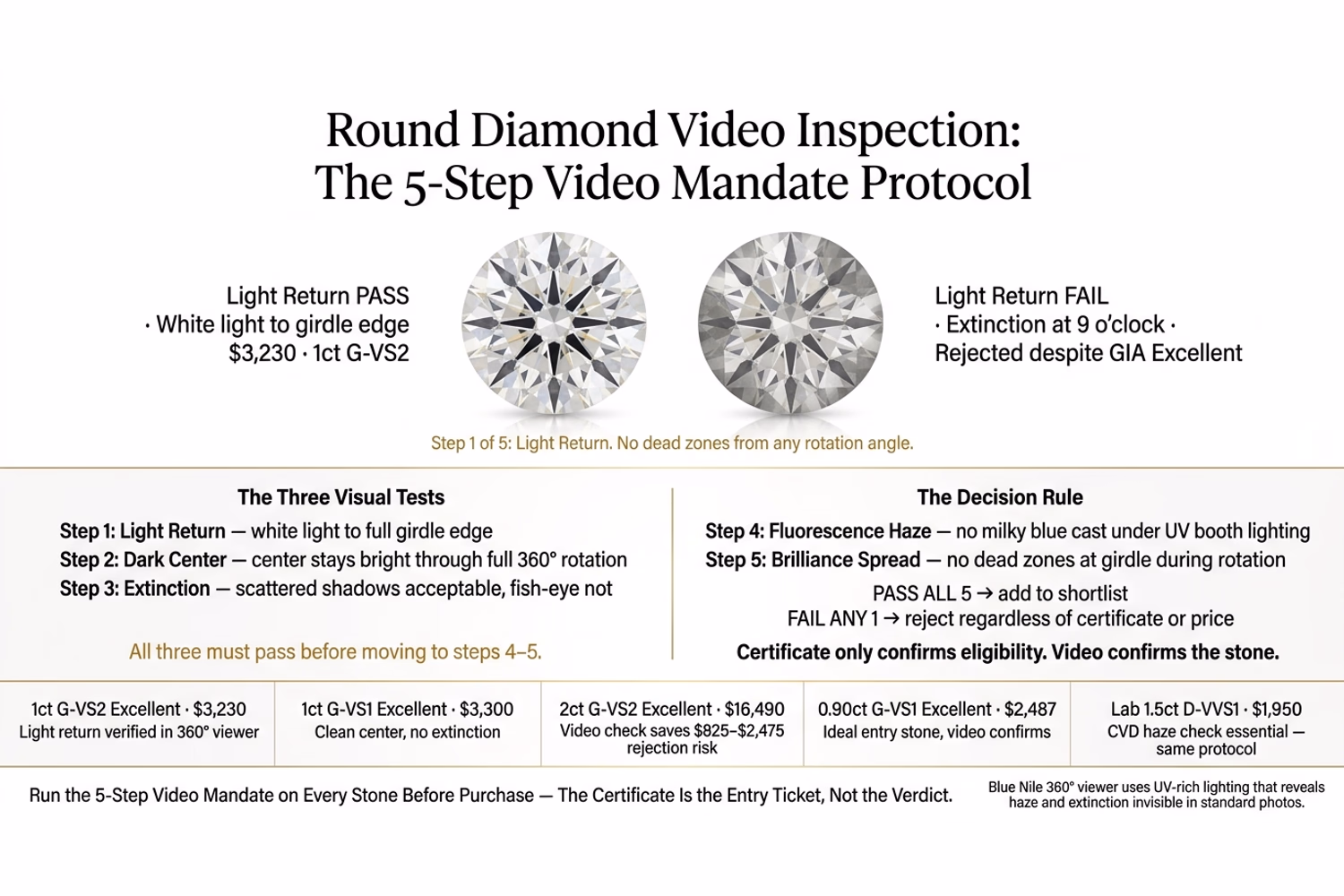 Round diamond video light return evaluation guide showing brilliant light return pattern, acceptable extinction, and excessive dark zones in 360-degree video on white editorial background