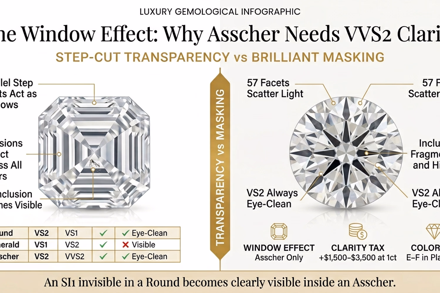 Round diamond vs Asscher cut clarity comparison — The Window Effect: VS2 eye-clean in round vs VVS2 required in Asscher, step-facet transparency explained