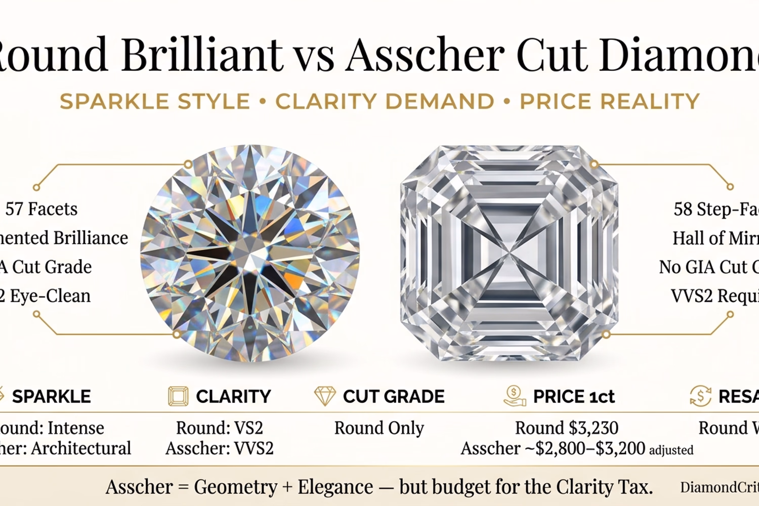Round brilliant vs Asscher cut diamond comparison — The Window Effect: GIA Excellent cut grade vs step-cut hall of mirrors, clarity requirements, price comparison with real Blue Nile data