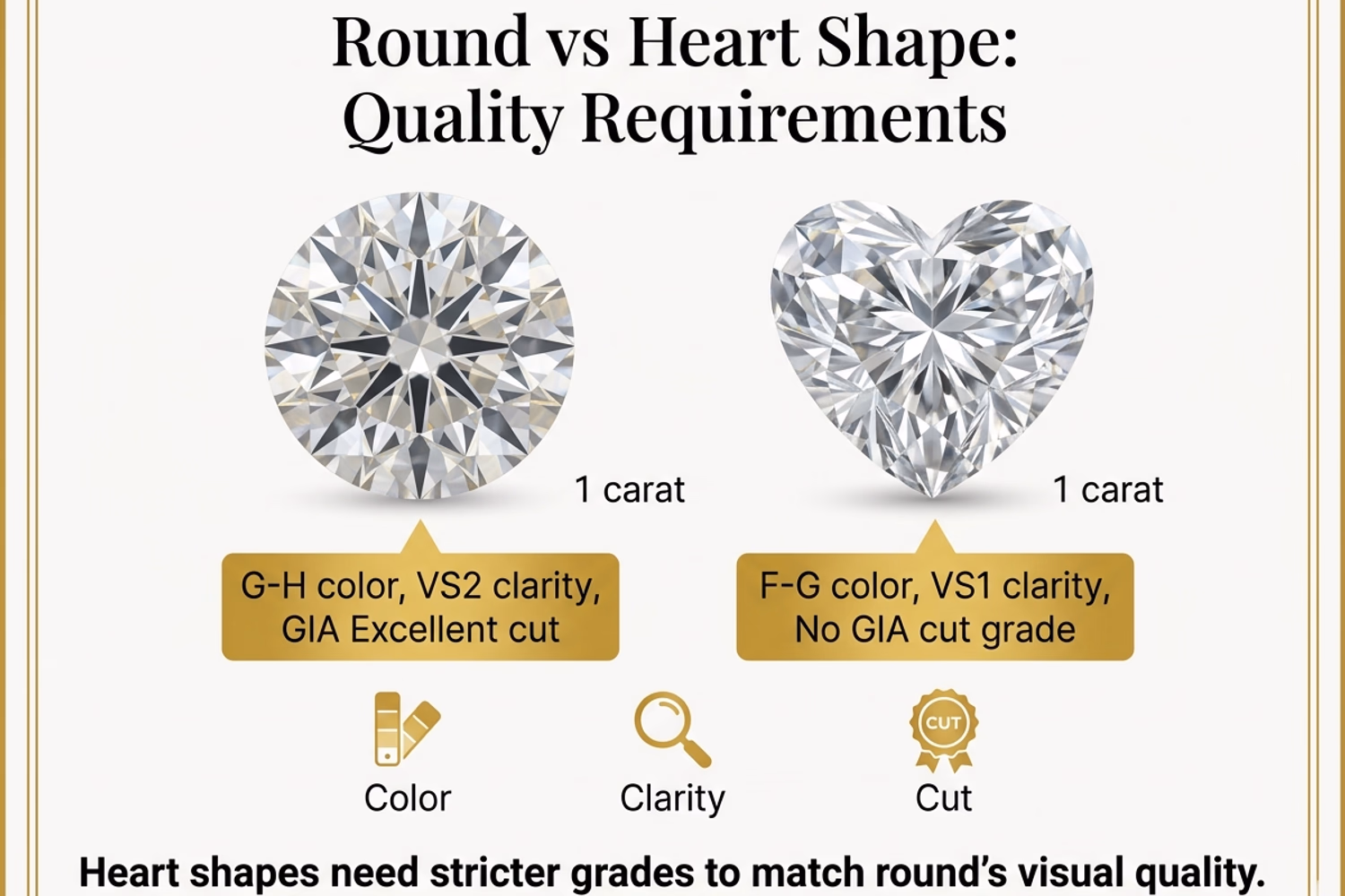 Round diamond vs heart shape face-up size comparison — symmetry requirements, color grades, clarity minimums, and price difference at 1ct and 2ct