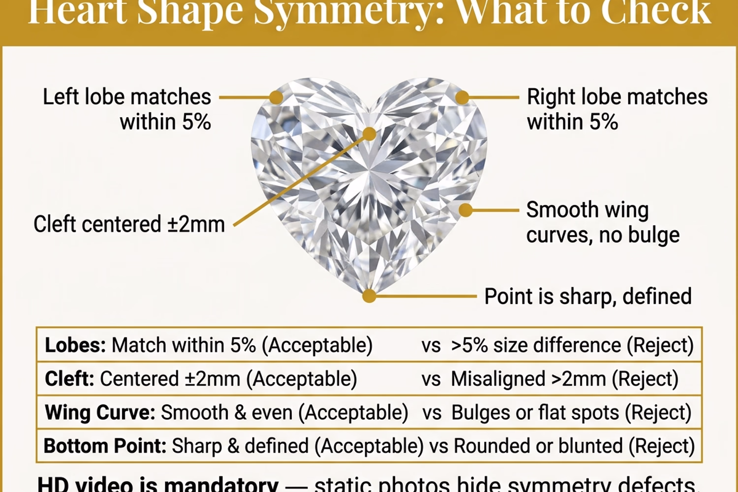 Heart shape diamond symmetry evaluation — lobe match, cleft position, wing curve, and bottom point alignment guide