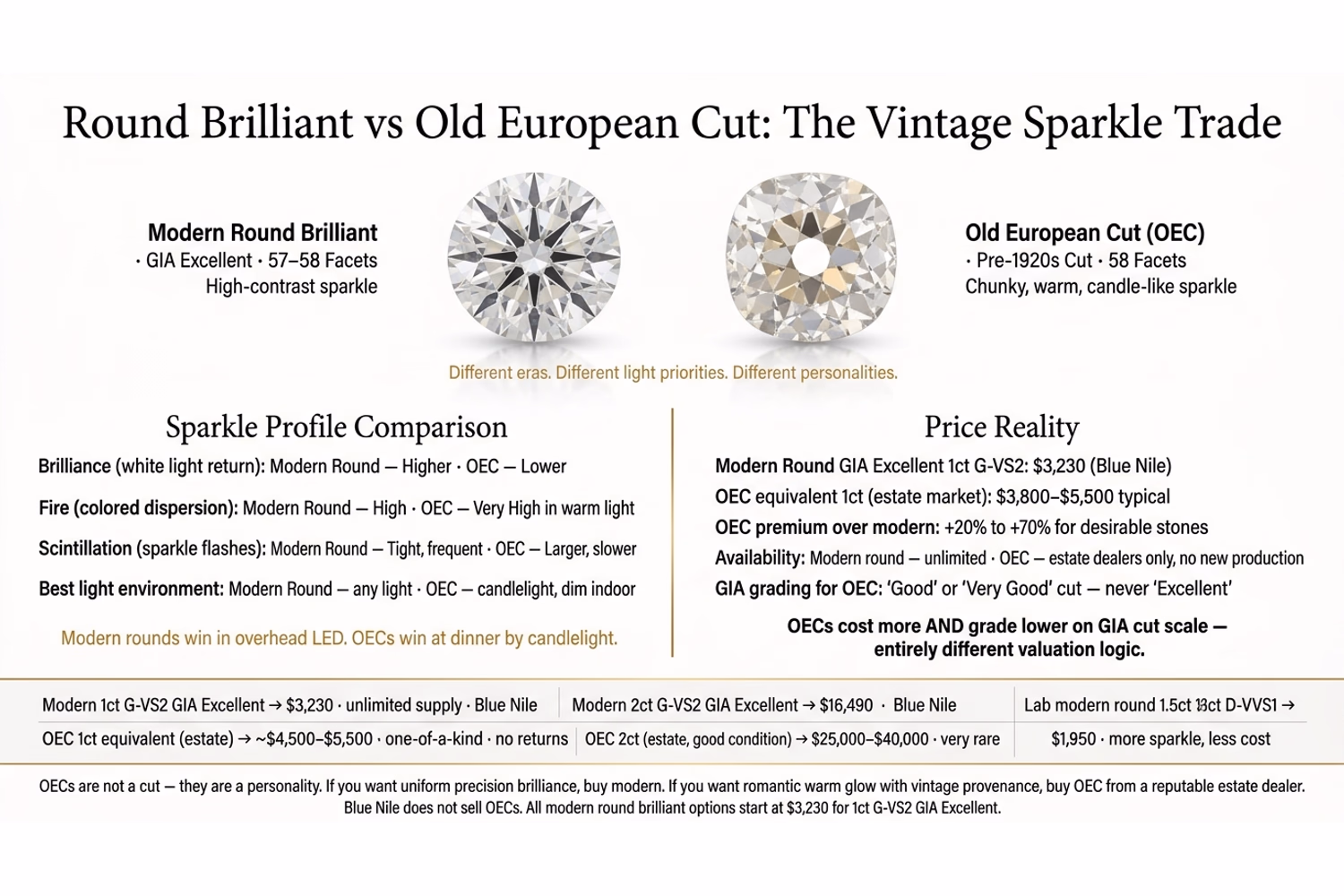 Old European Cut vs modern round brilliant diamond sparkle comparison showing facet arrangement, culet size, and light behavior differences