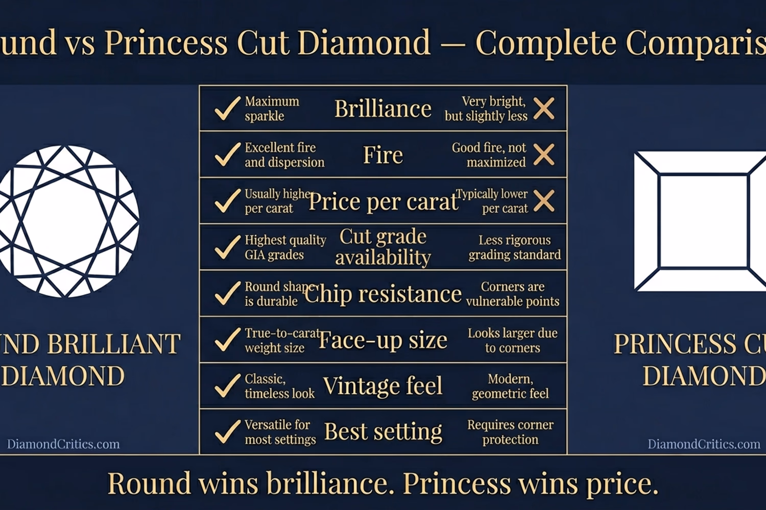Round diamond vs princess cut comparison — shape, facets, light return, durability, price, and setting requirements side by side