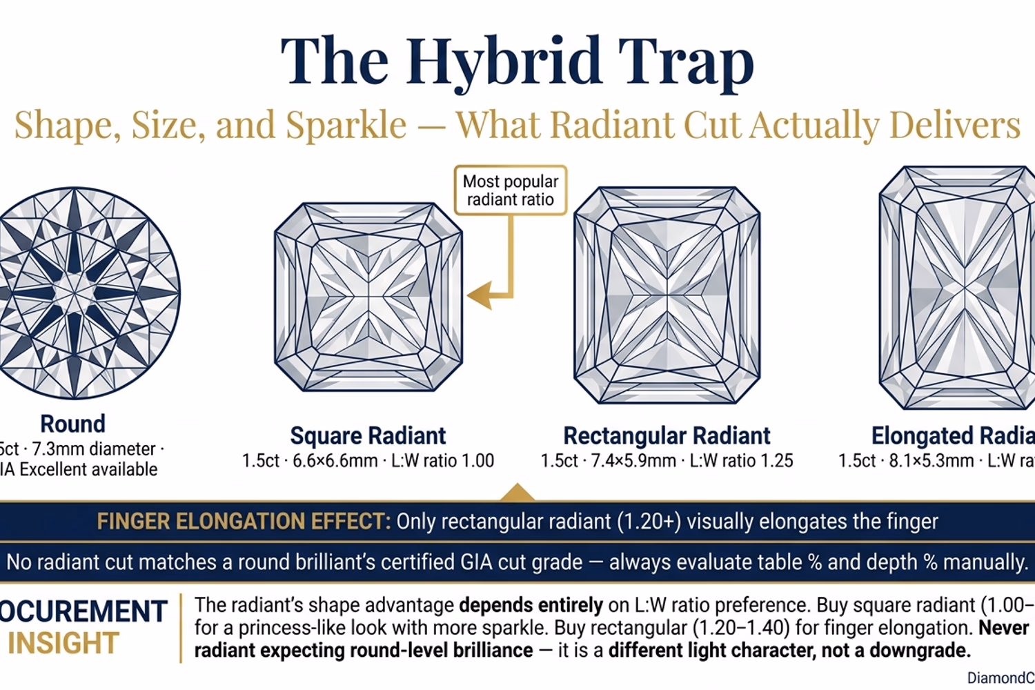 Round diamond vs radiant cut face-up size and light pattern comparison — 1.5ct stones illustrated