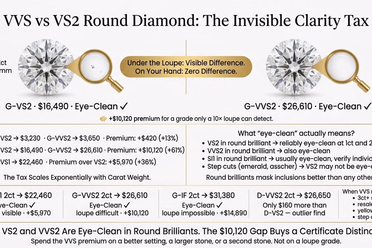 VVS versus VS2 round diamond clarity comparison under magnification showing inclusion positions on white editorial background