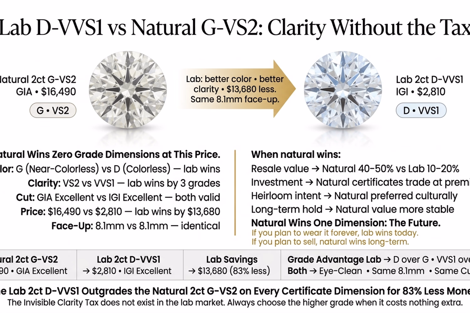 lab-grown round diamond 2 carat D-VVS1 IGI price comparison versus natural 2 carat G-VS2 GIA on white editorial background
