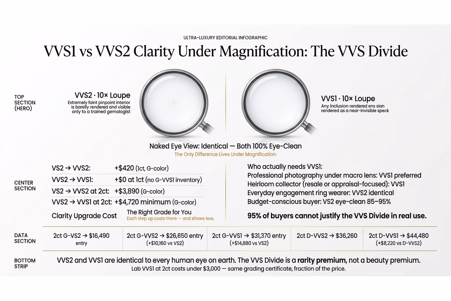 Round diamond VVS1 vs VVS2 inclusion type comparison infographic showing typical inclusion positions on white editorial background