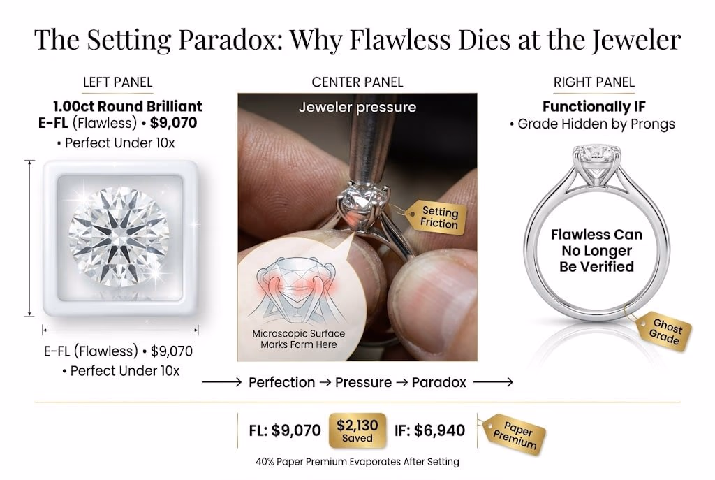 Setting Paradox Flawless Vs If Diamond Infographic Ultra-luxury infographic showing how a flawless diamond loses its grade after being set into a ring, comparing FL vs IF diamonds and highlighting the $2,130 price difference and “ghost grade” concept.