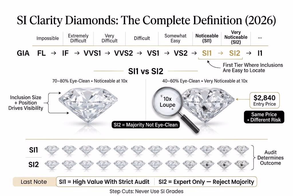 Si Clarity Diamond Definition Premium infographic explaining SI clarity diamonds, comparing SI1 and SI2 grades with eye-clean rates, inclusion visibility, and showing that both have similar prices but very different visual risks.