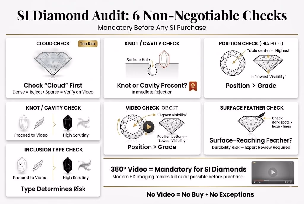 Si Diamond Audit 6 Checks Premium checklist infographic showing six mandatory checks before buying an SI clarity diamond, including cloud risk, inclusion type, GIA plot position, and 360° video verification steps.