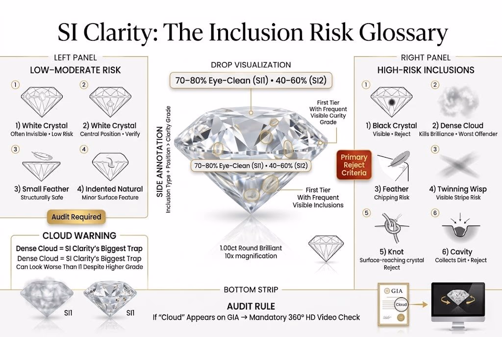 Si Diamond Inclusions Glossary Risk Guide Premium infographic explaining SI clarity diamond inclusions, highlighting crystals, feathers, clouds, and other defects, and showing which inclusions are safe and which should be rejected based on visibility and performance.