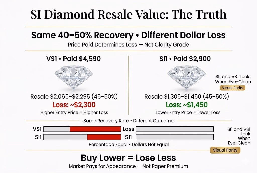 Si Diamond Resale Value Truth Premium infographic explaining SI diamond resale value, showing that SI1 and VS1 diamonds recover the same percentage but SI1 results in a lower dollar loss due to a lower purchase price.