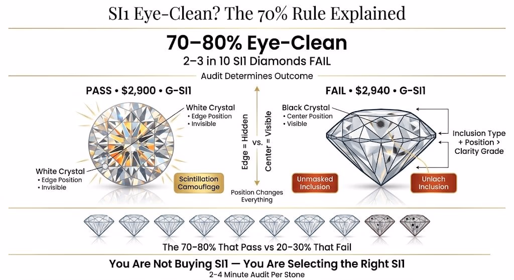 Si1 Eye Clean 70 Percent Rule Premium infographic explaining the SI1 70–80% eye-clean rule, showing pass vs fail diamond examples based on inclusion type and position, with a visual probability breakdown of which stones are safe to buy.