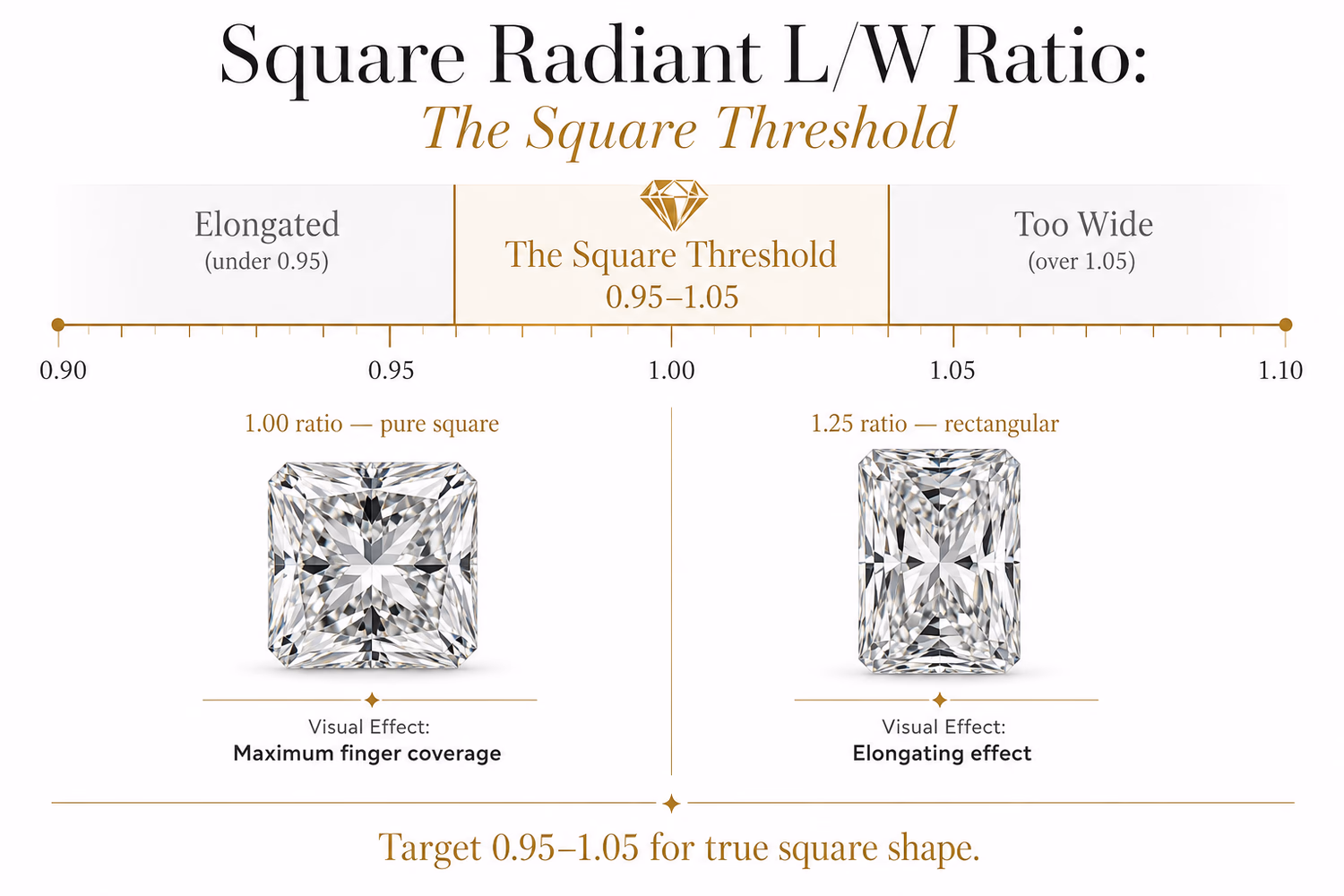 Square radiant cut diamond L/W ratio guide — 0.95 to 1.05 square zone vs rectangular radiant zone