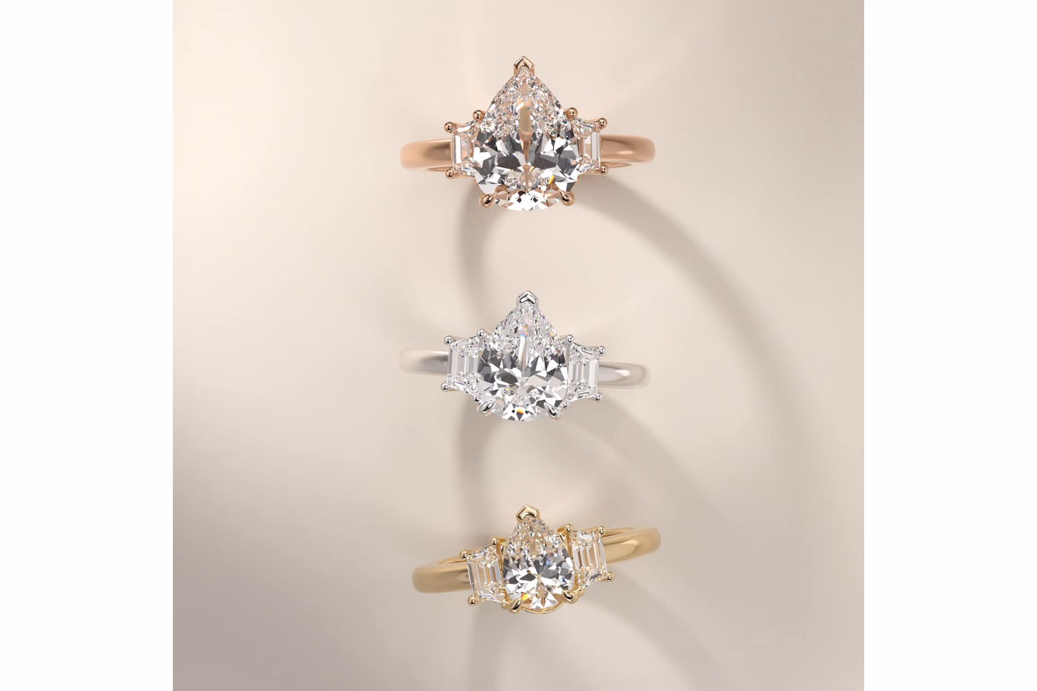 Three stone pear diamond ring in rose gold — Blue Nile pear sidestone setting